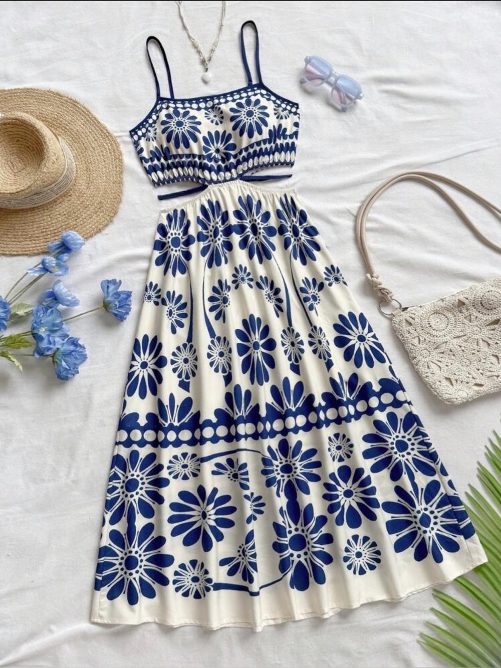 Blue and White Floral Satin Fabric